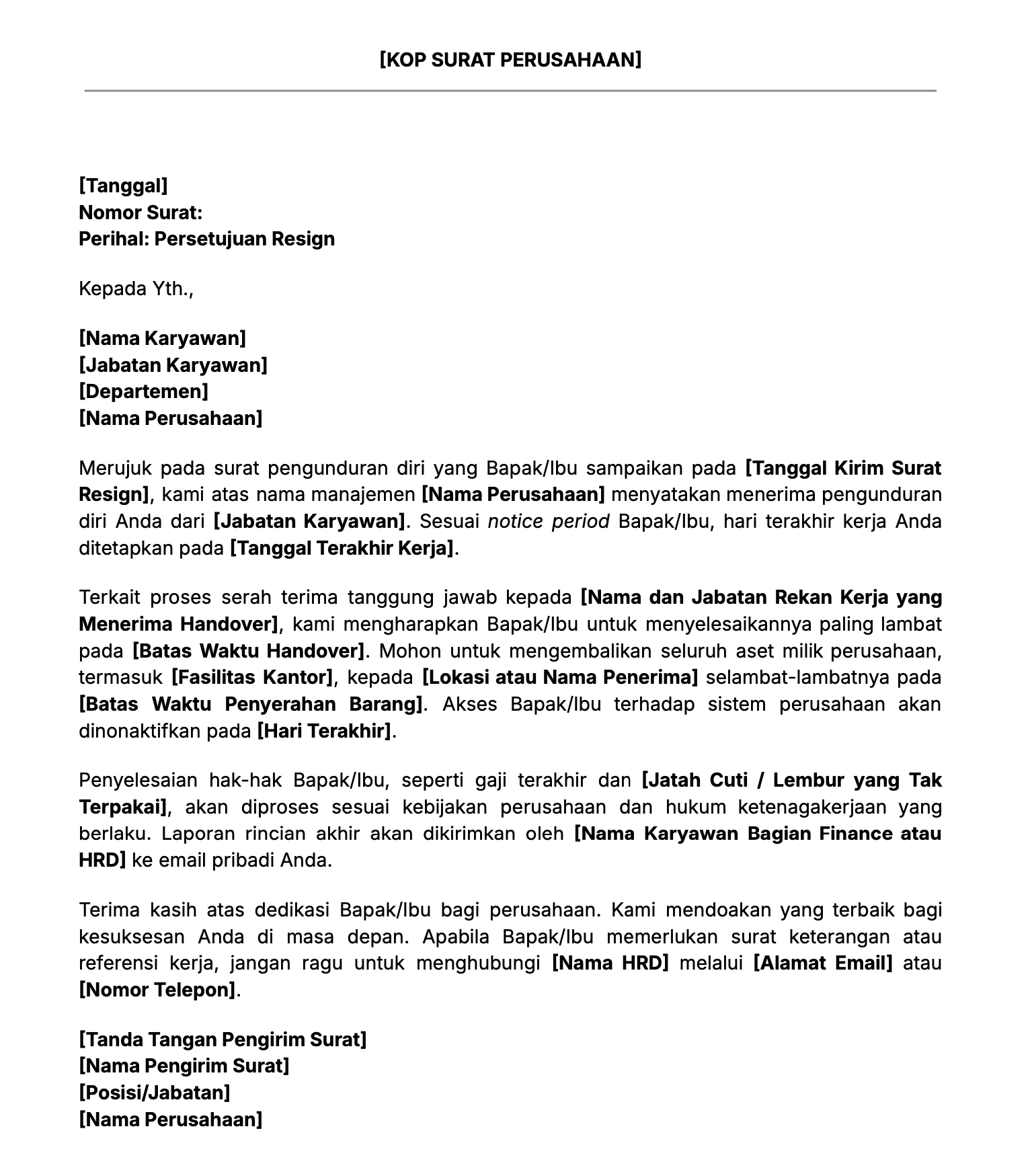 Contoh isi surat persetujuan resign