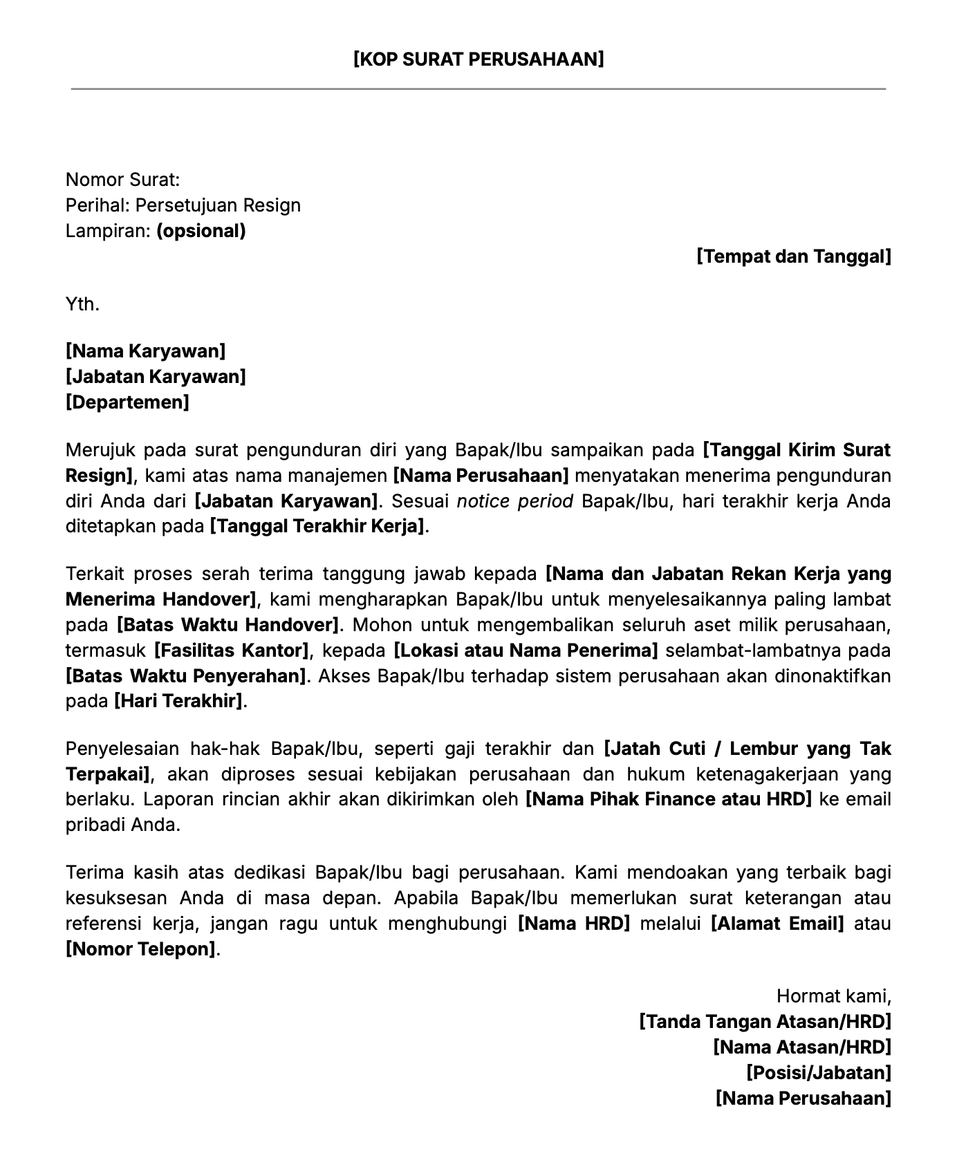 Contoh isi surat persetujuan resign