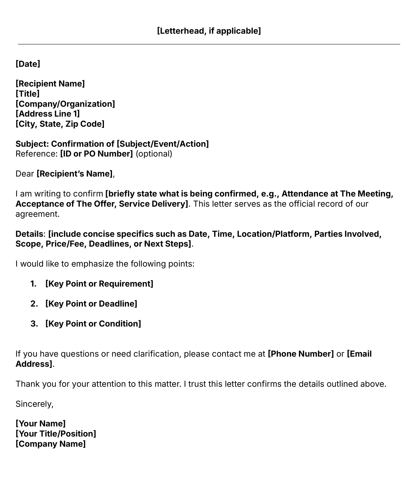 confirmation letter template
