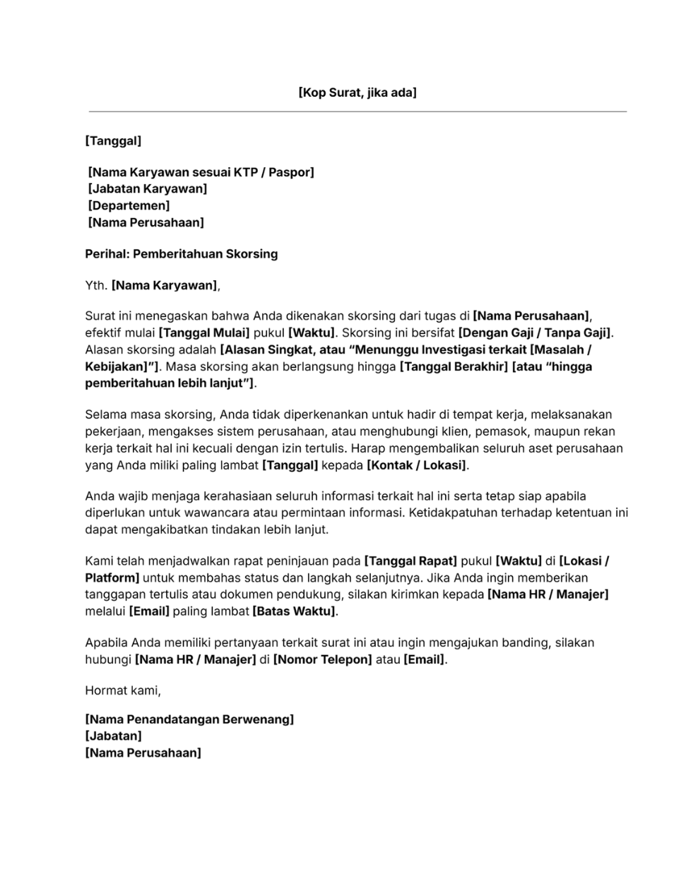 Contoh Surat Skorsing Karyawan