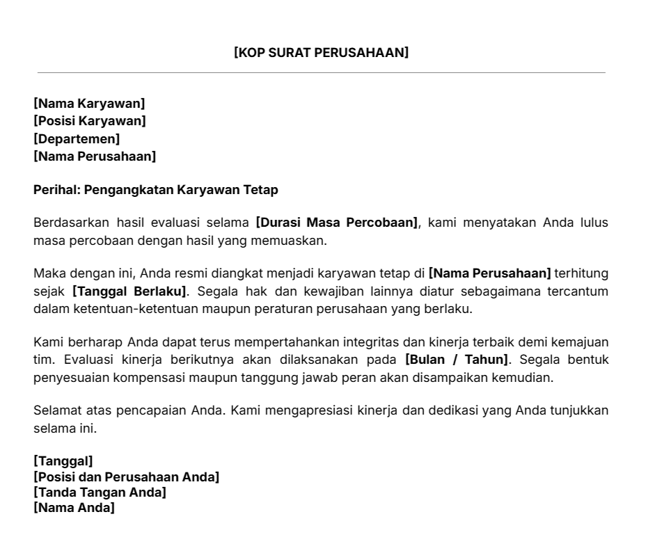 Contoh surat pengangkatan karyawan tetap