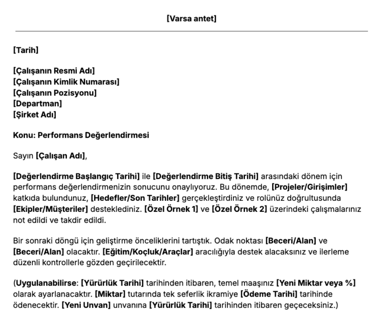 Ücretsiz Değerlendirme Mektubu Şablonu