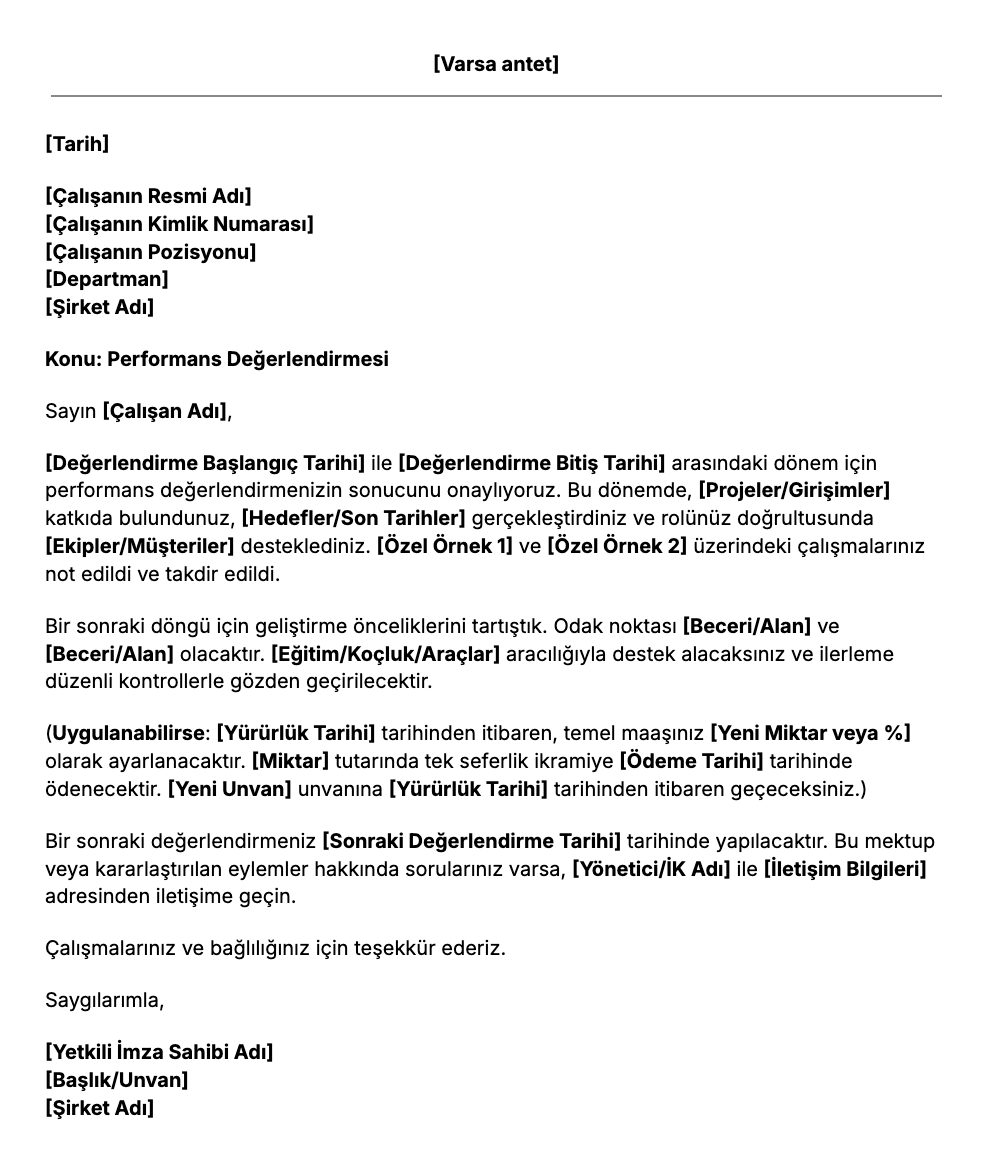 Ücretsiz Değerlendirme Mektubu Şablonu