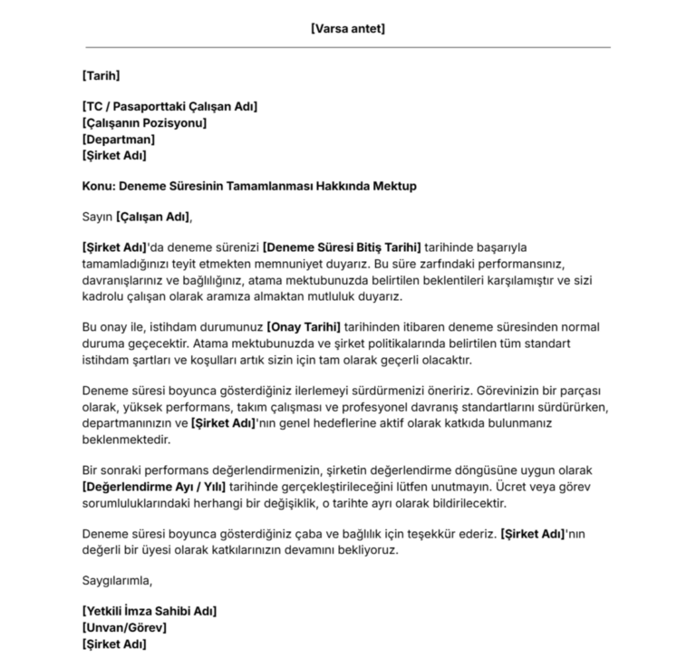 Ücretsiz Deneme süresi Tamamlama Mektubu