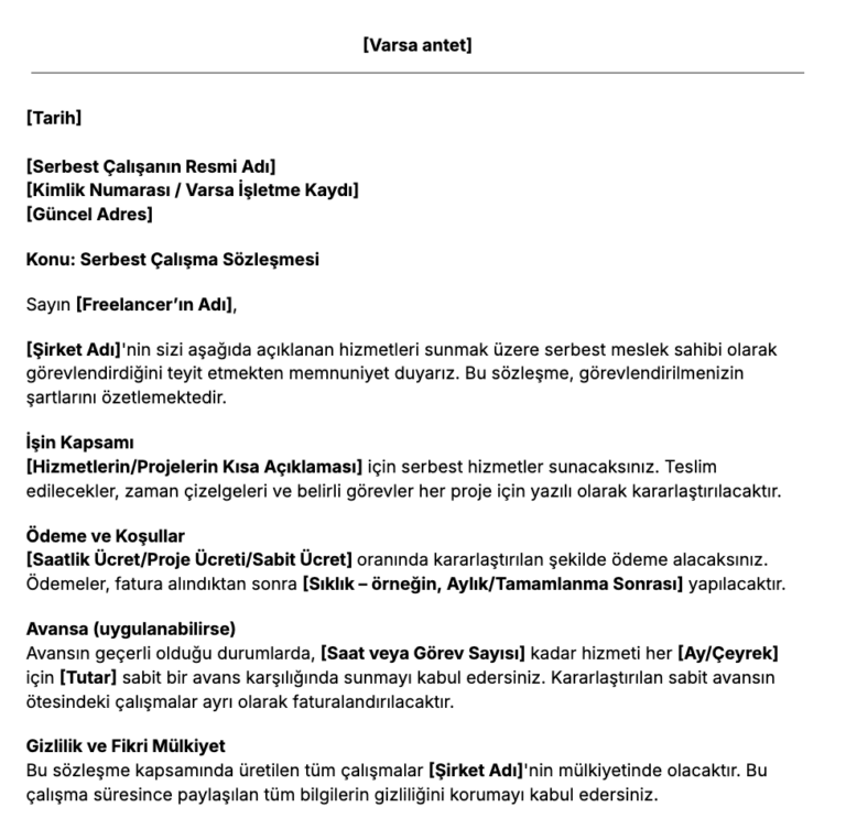 Ücretsiz Serbest Çalışan Anlaşma Mektubu Şablonu