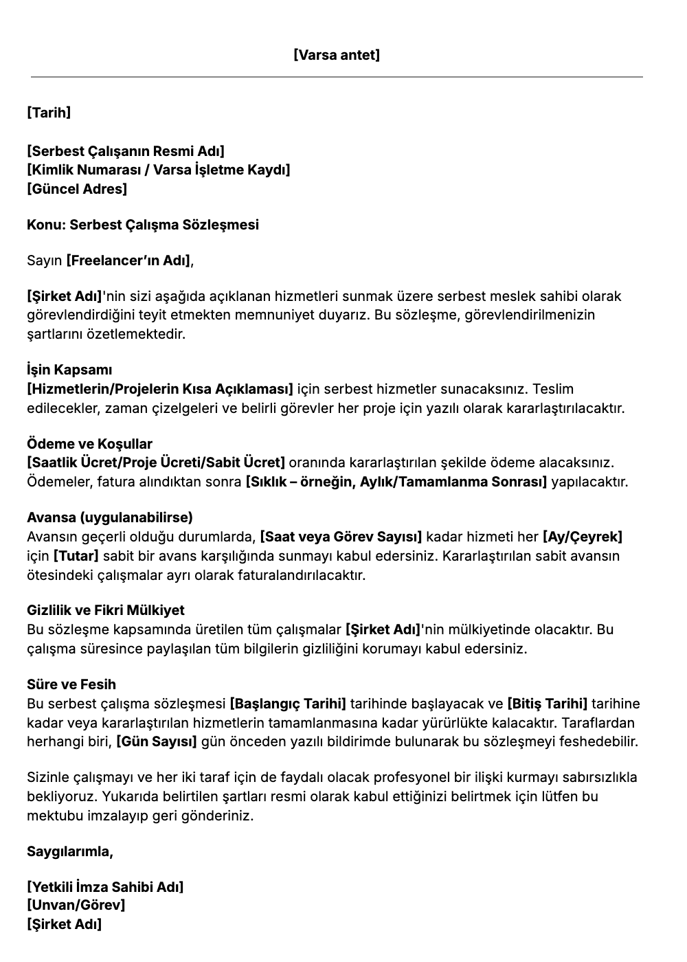 Ücretsiz Serbest Çalışan Anlaşma Mektubu Şablonu