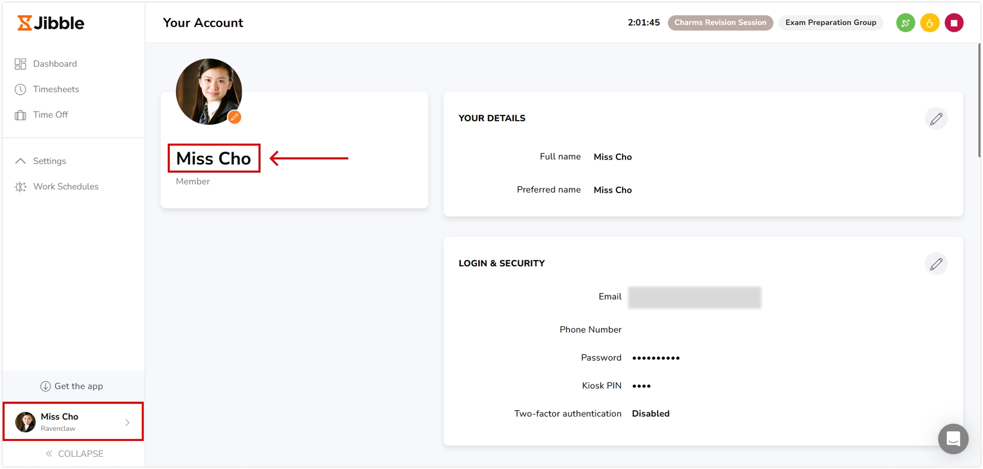 Person name in organization and account settings