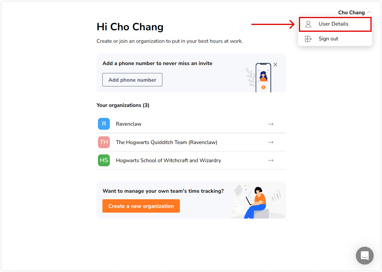 User details in the dropdown menu on account details page