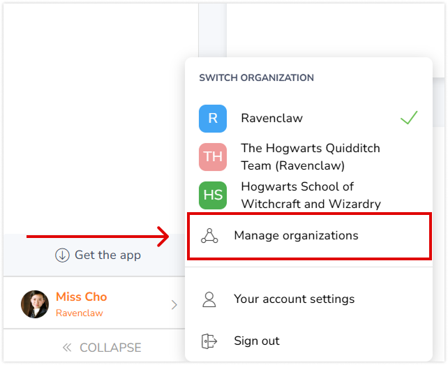 Manage organization button from within an organization after logged in
