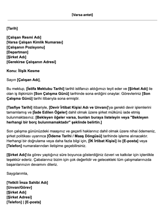 Ücretsiz İlişik Kesme Yazısı Şablonu