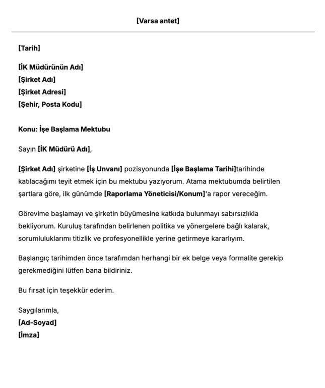 Ücretsiz İşe Başlama Mektubu Şablonu