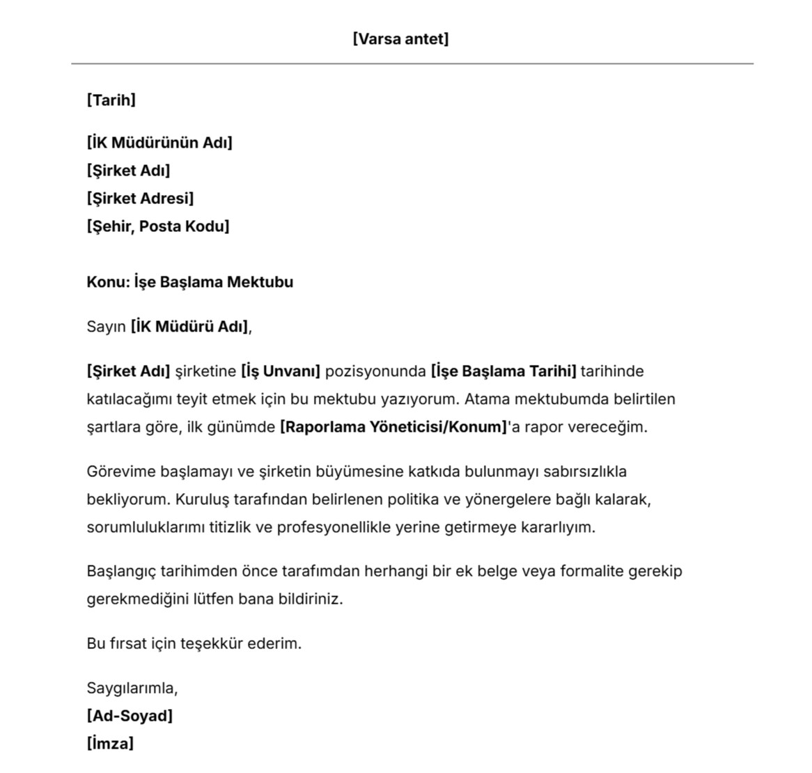 Ücretsiz İşe Başlama Mektubu Şablonu