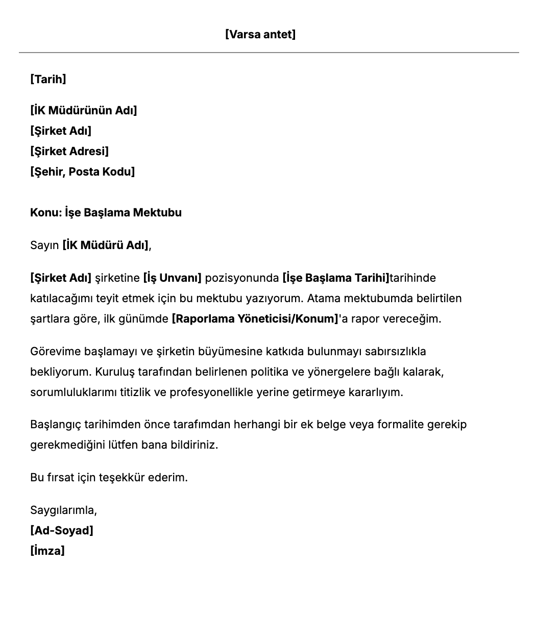Ücretsiz İşe Başlama Mektubu Şablonu
