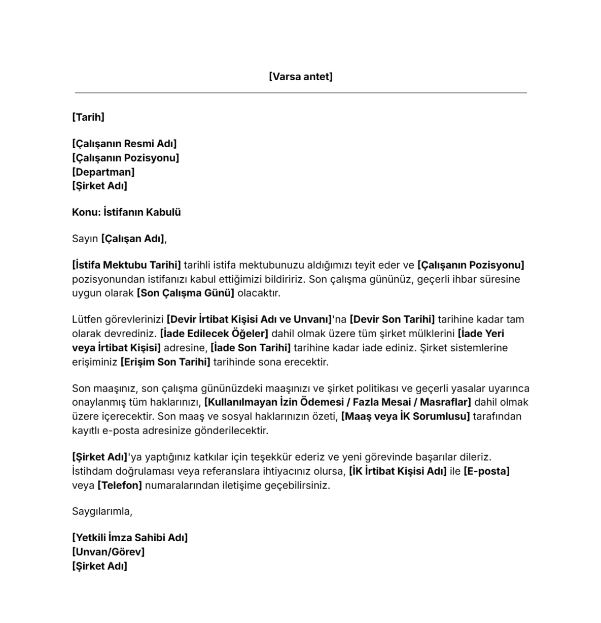 Ücretsiz İstifa Kabul Mektubu Şablonu