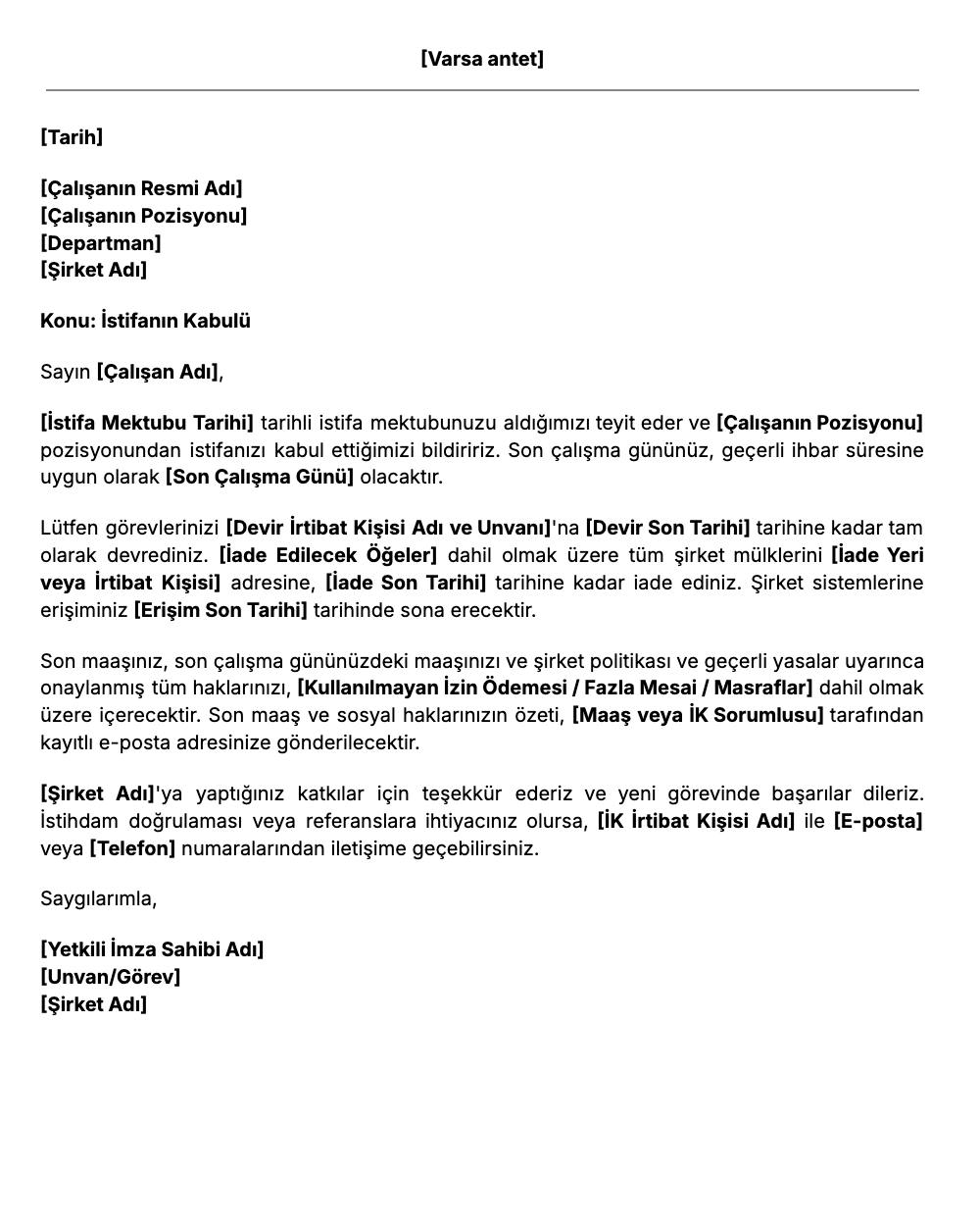 Ücretsiz İstifa Kabul Mektubu Şablonu