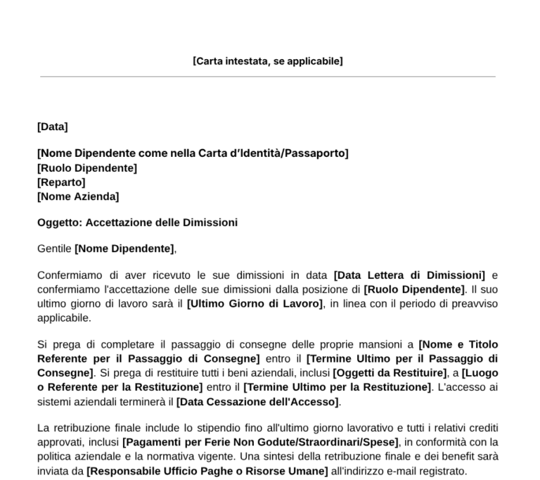 Modello per lettera di accettazione delle dimissioni