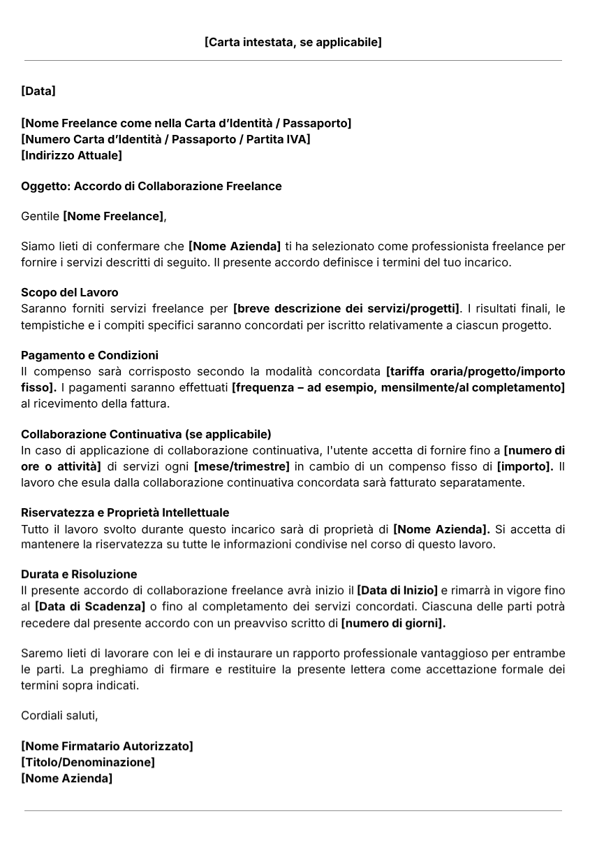 Modello di Lettera per Accordo di Collaborazione Freelance