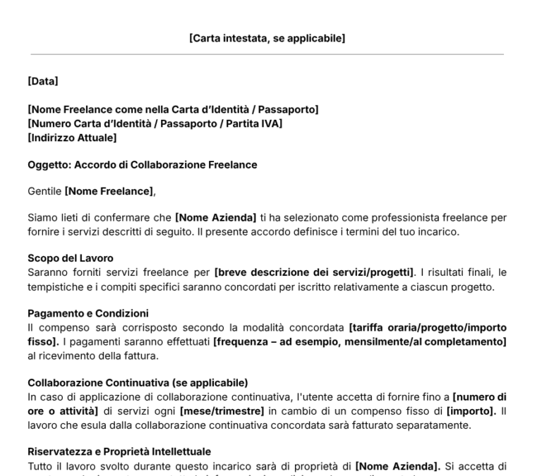 Modello di Lettera per Accordo di Collaborazione Freelance