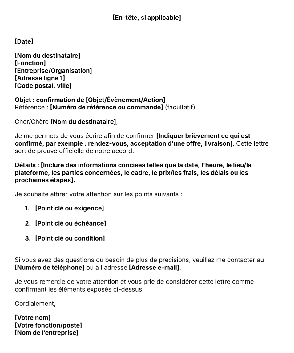 Modèle gratuit de lettre de confirmation