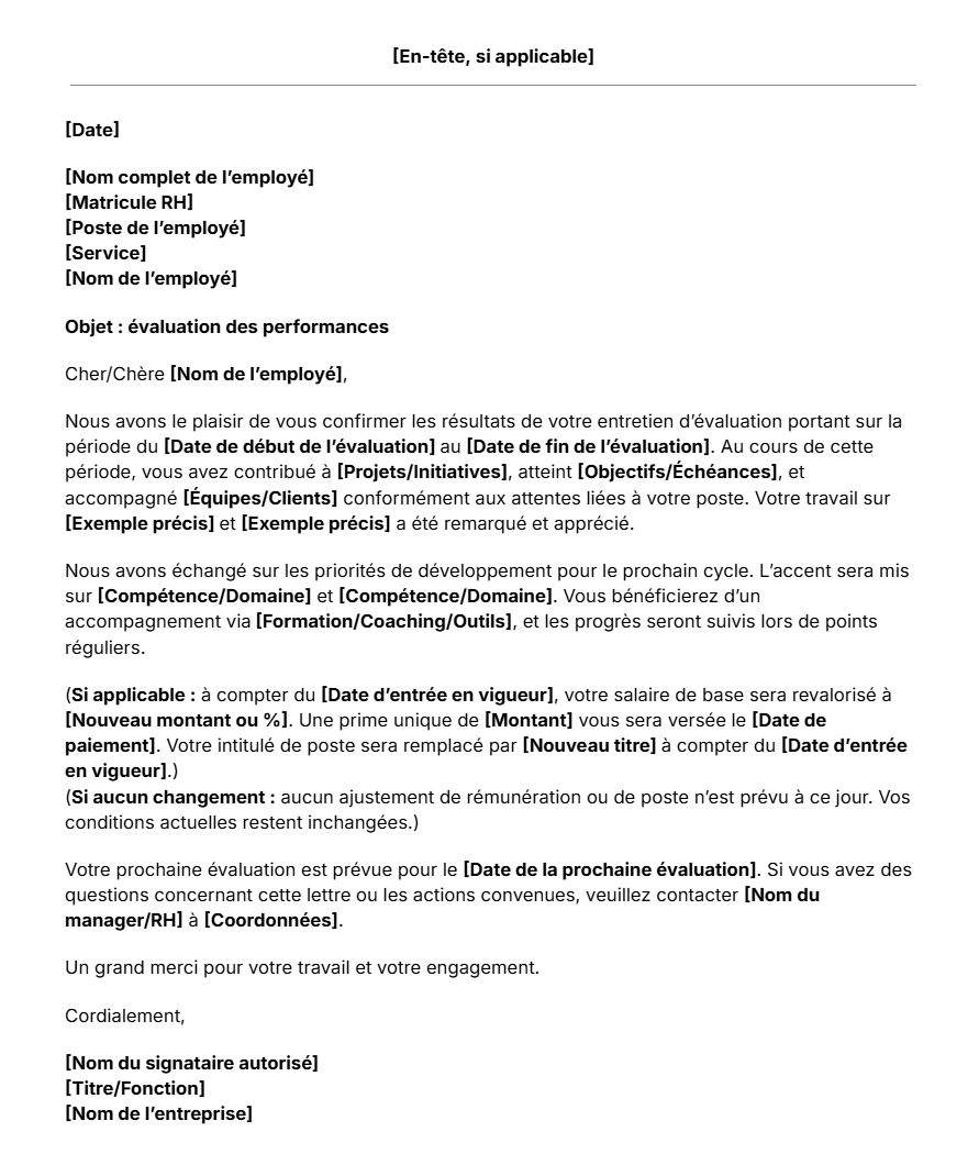 Modèle gratuit de lettre d'évaluation