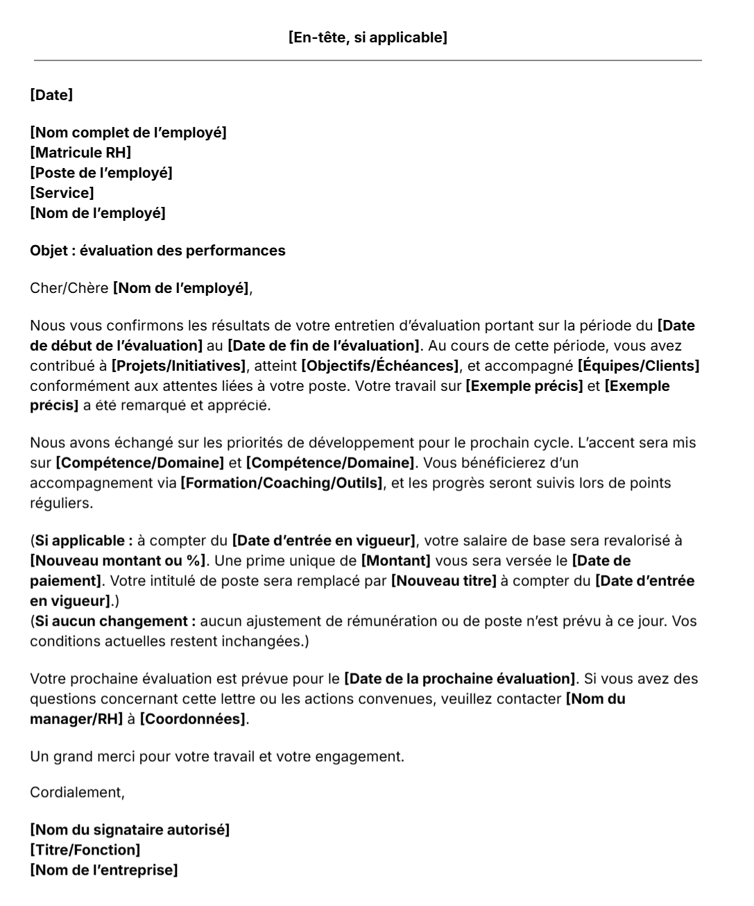 Modèle gratuit de lettre d'évaluation