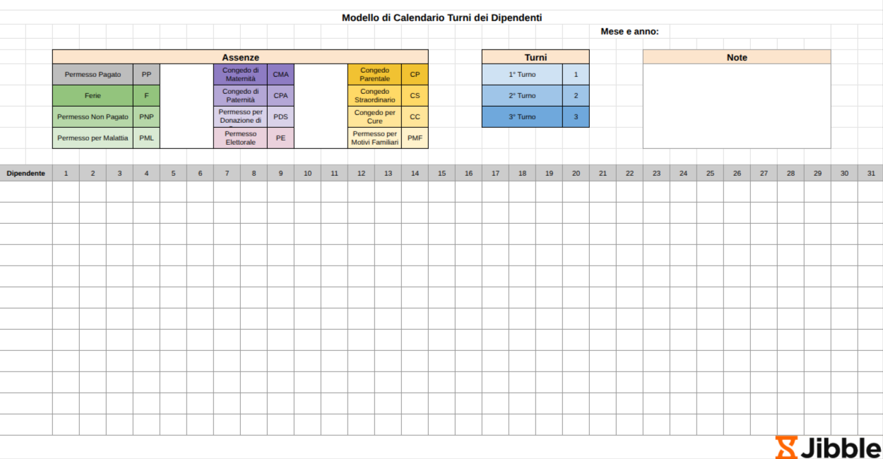 Modello di Calendario Turni dei Dipendenti