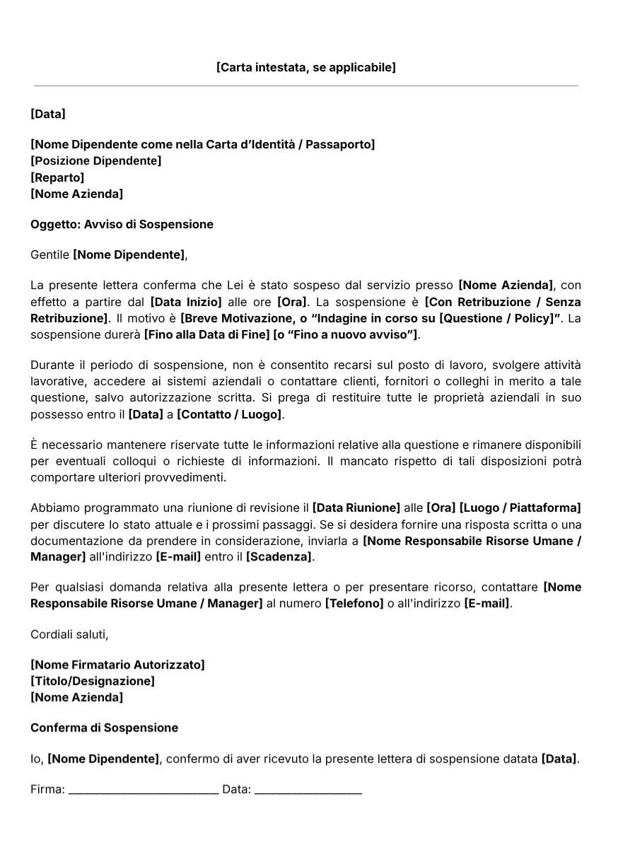 Modello di lettera di sospensione