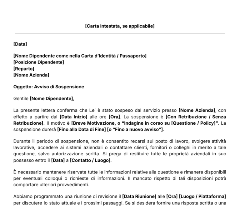 Modello per Lettera di Sospensione