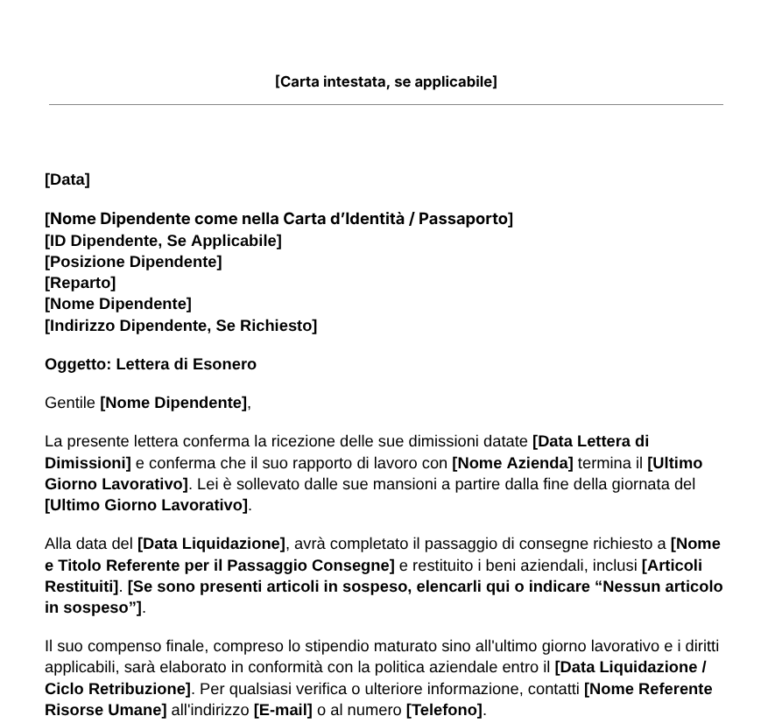 Modello per Lettera di Esonero