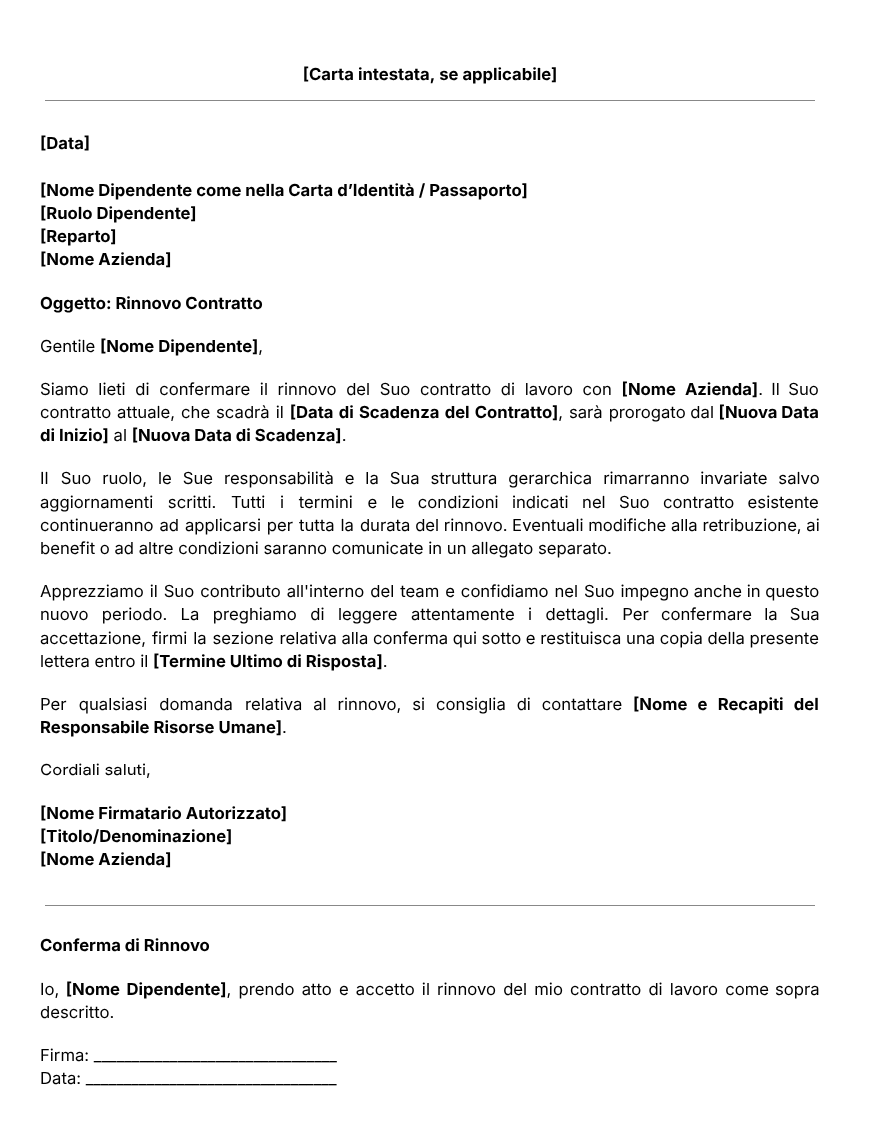 Modello Lettera Rinnovo Contratto