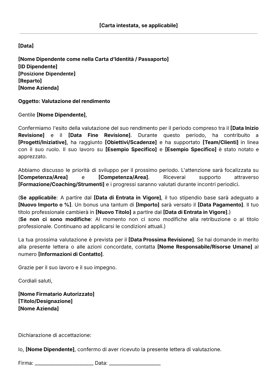 Modello per lettera di valutazione