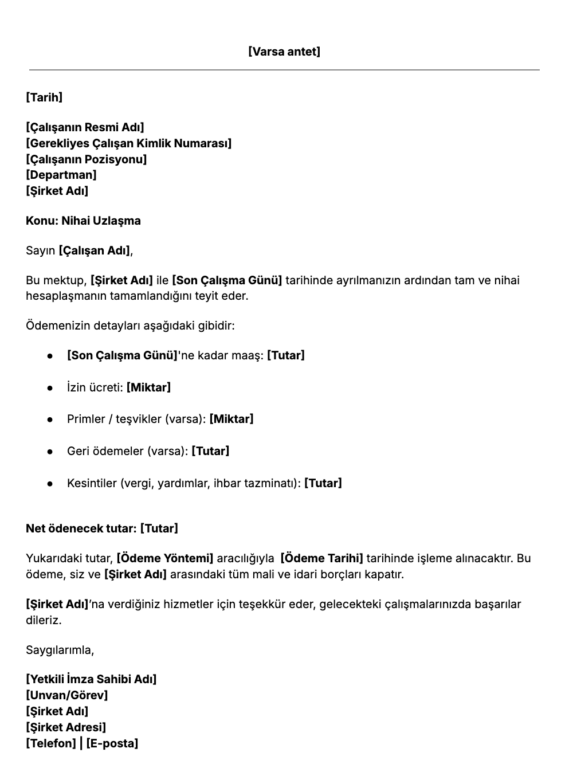 Ücretsiz Nihai Uzlaşma Belgesi Şablonu