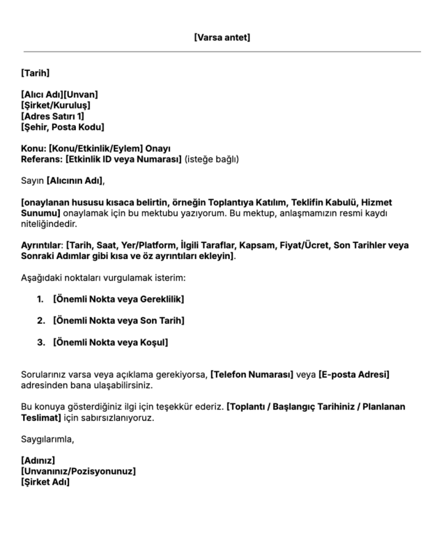 Ücretsiz Onay Mektubu Şablonu