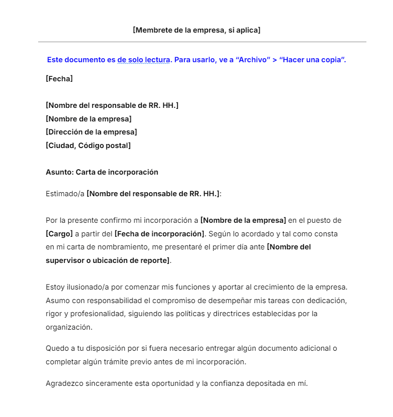 Plantilla de Carta de Incorporación onboarding descarga gratis