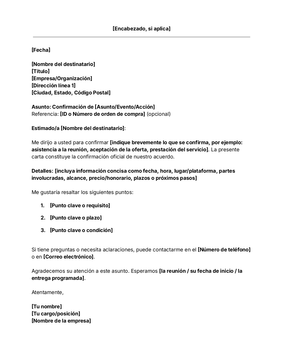 Plantilla de carta de confirmación