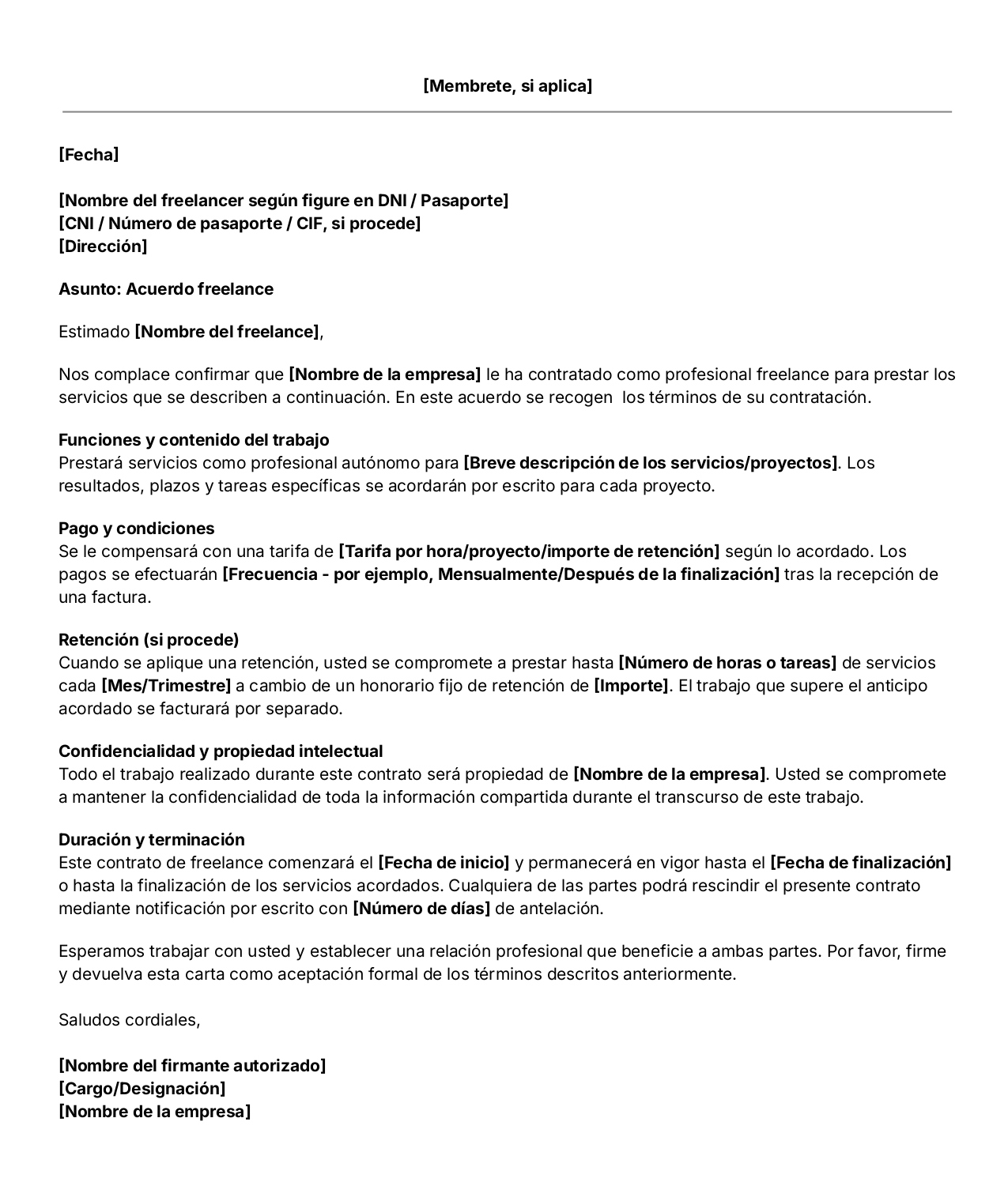 Plantilla de carta de contrato freelance