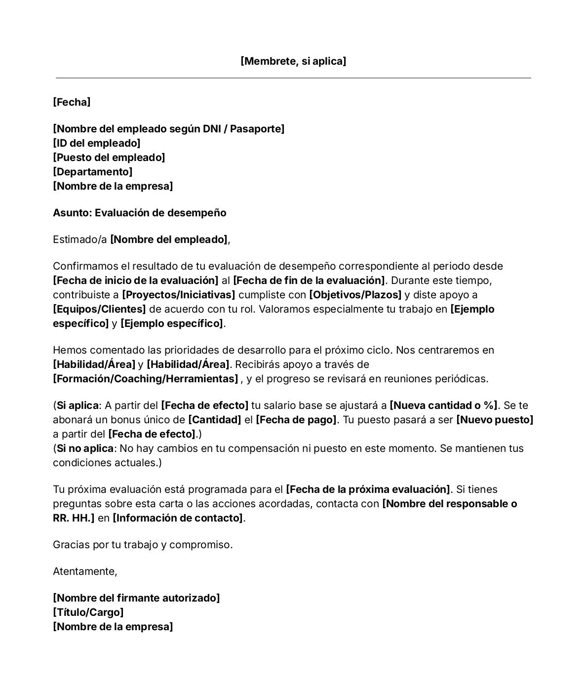Plantilla de carta de evaluación de desempeño