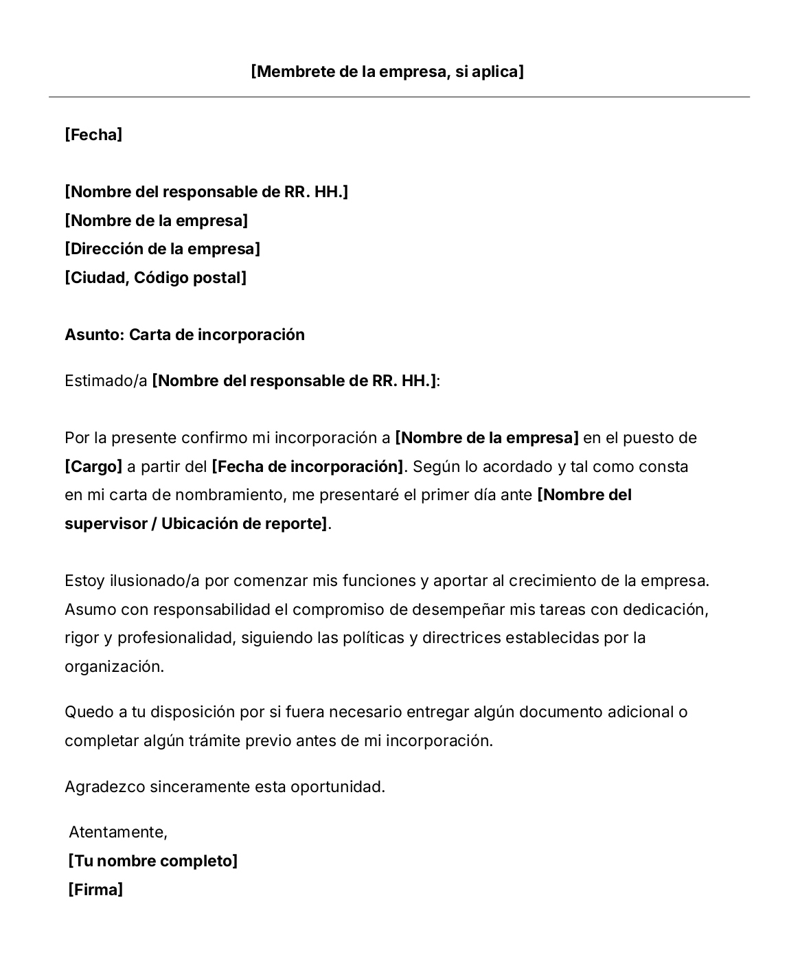 Plantilla de carta de incorporación u onboarding