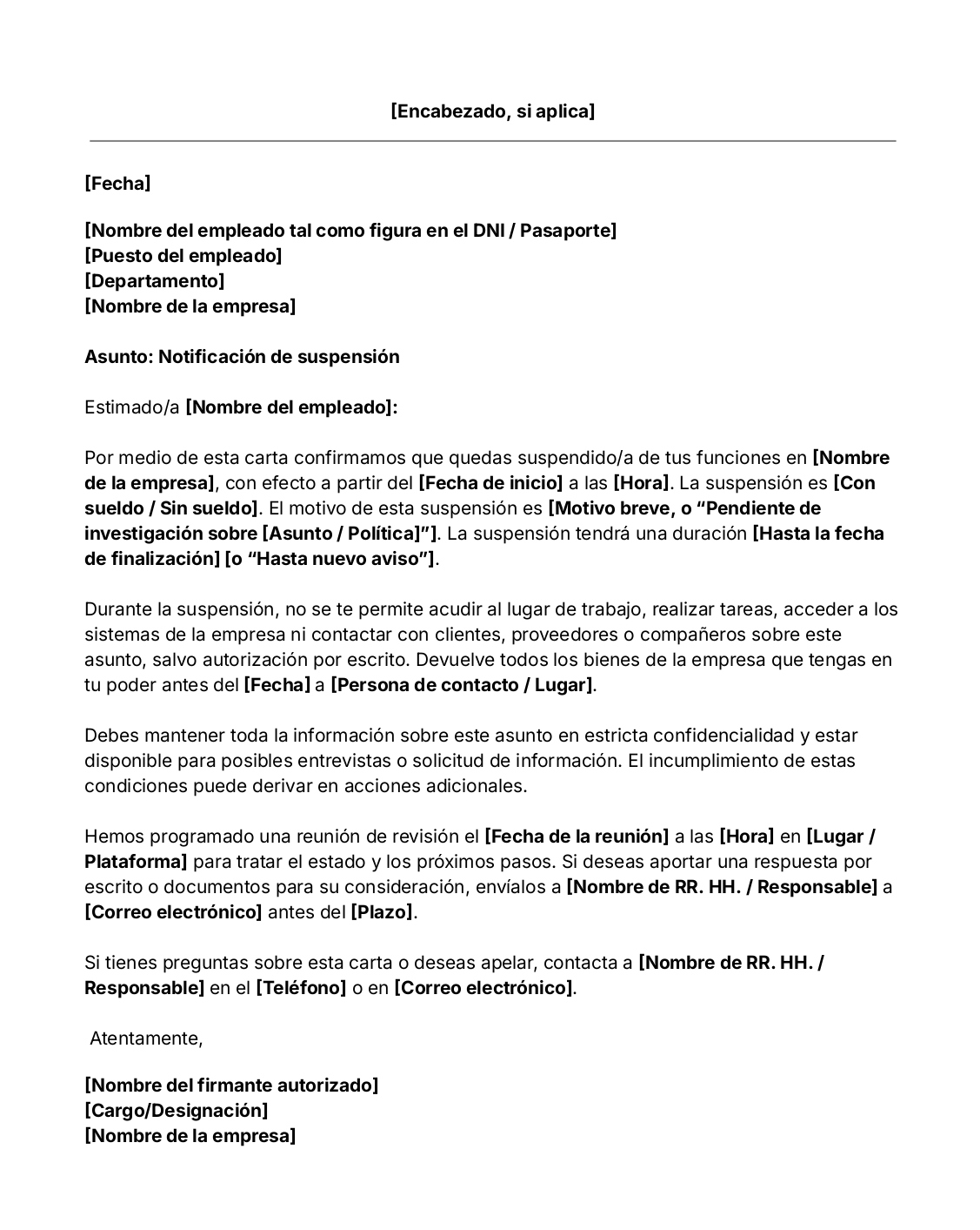 Plantilla de carta notificación de suspensión