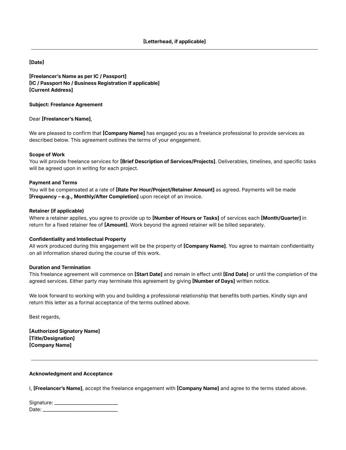 Freelance Agreement Letter template