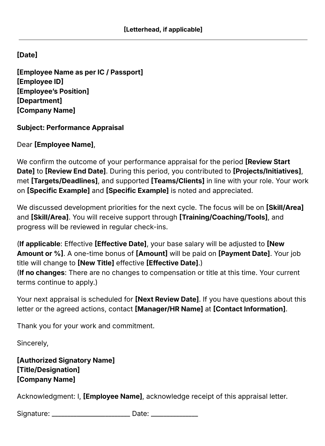 Appraisal Letter template