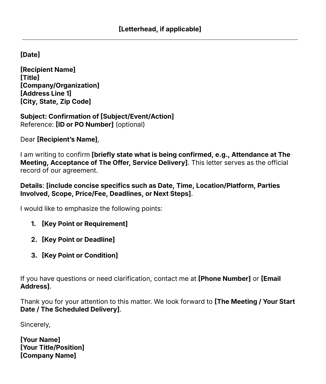 confirmation letter template