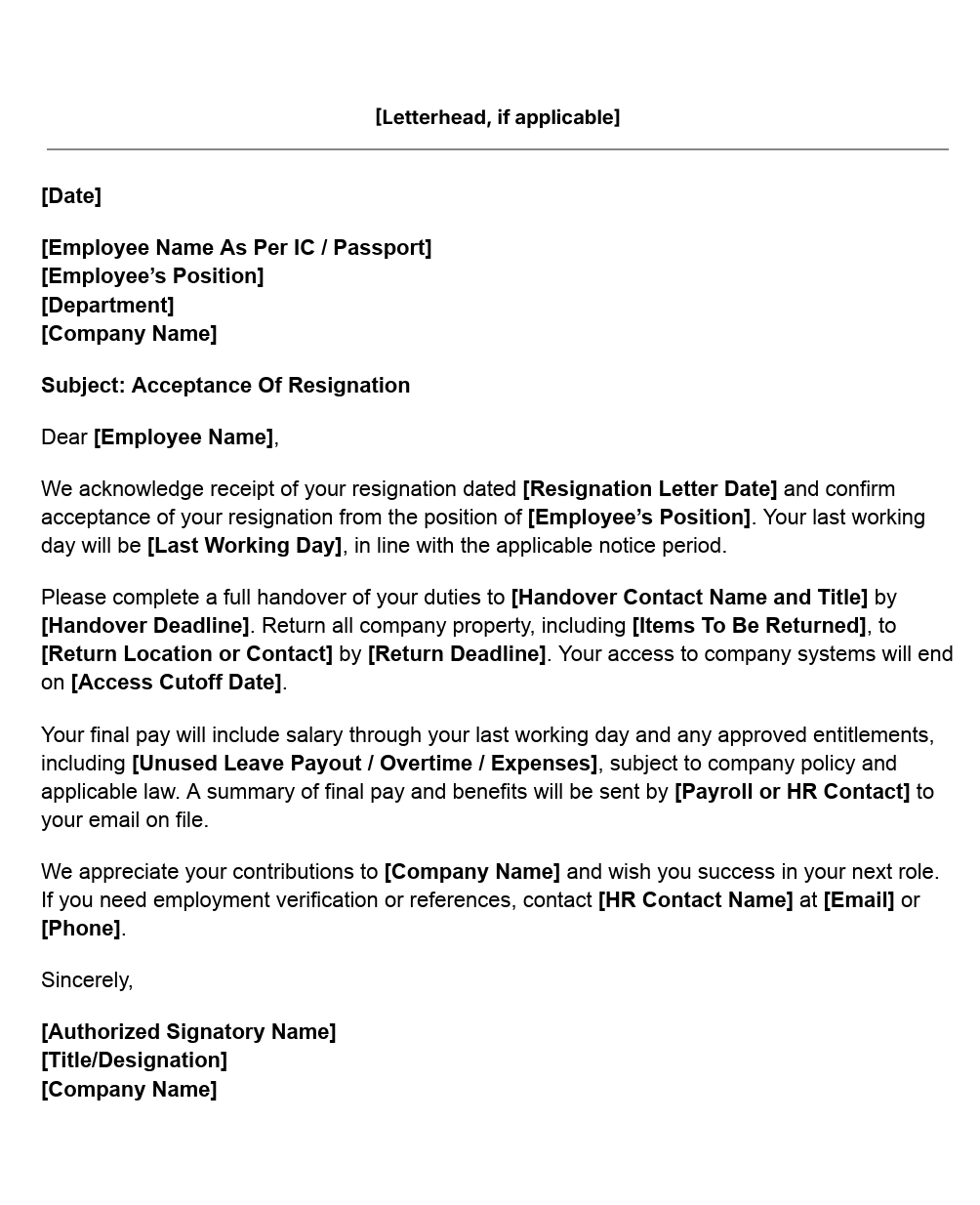 Resignation Acceptance Letter template