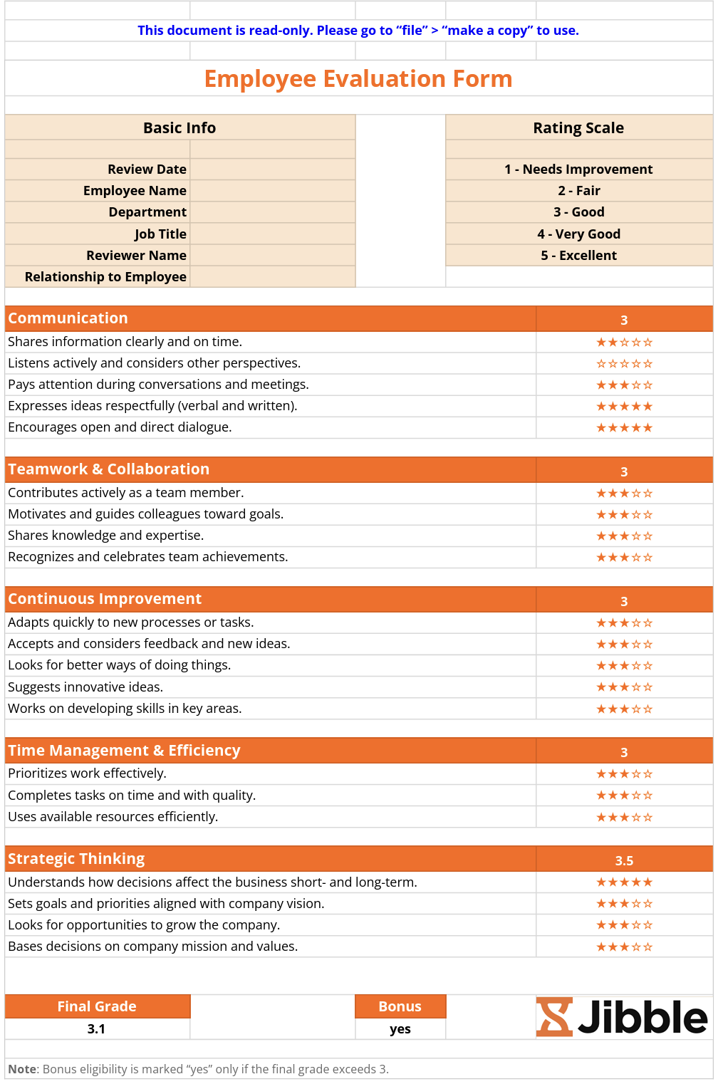 Jibble’s free employee evaluation template