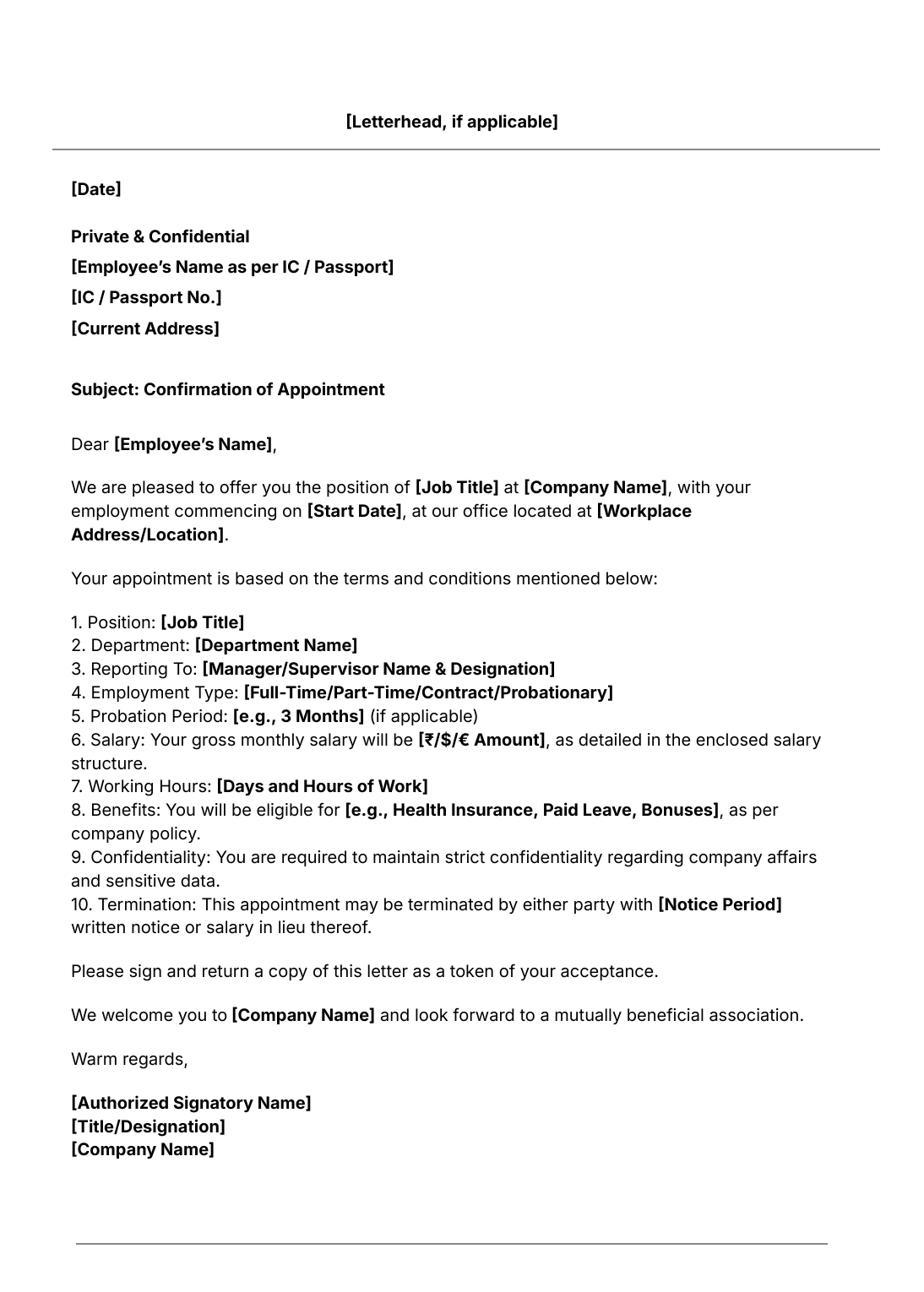 appointment letter template