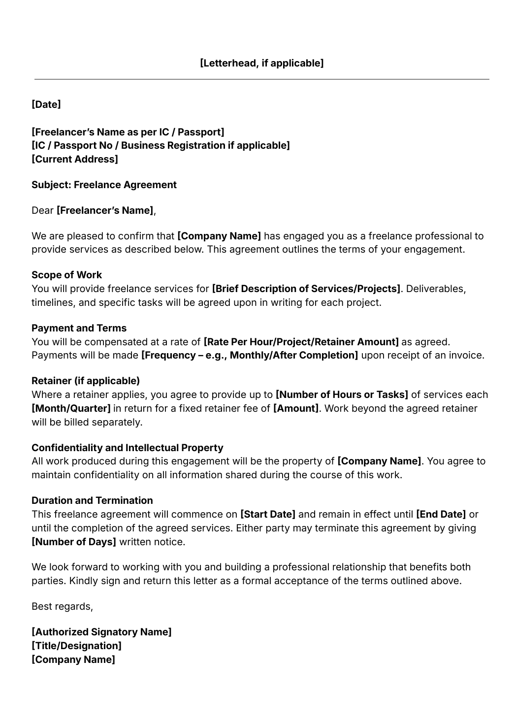 freelance agreement letter template