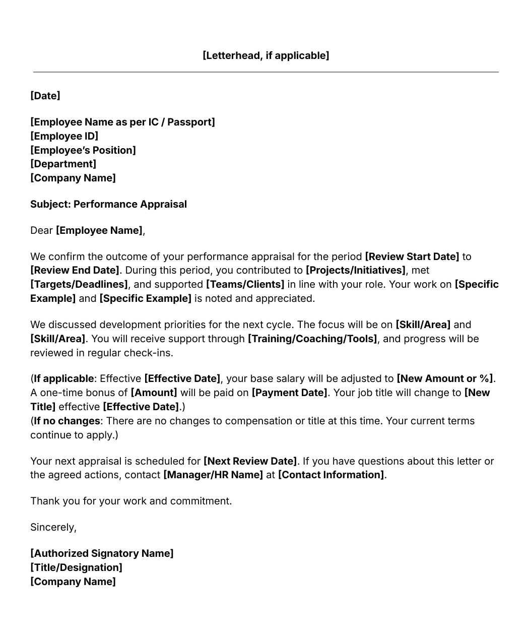 appraisal letter template