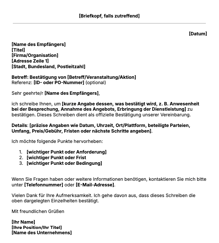 Vorlage für ein Bestätigungsschreiben