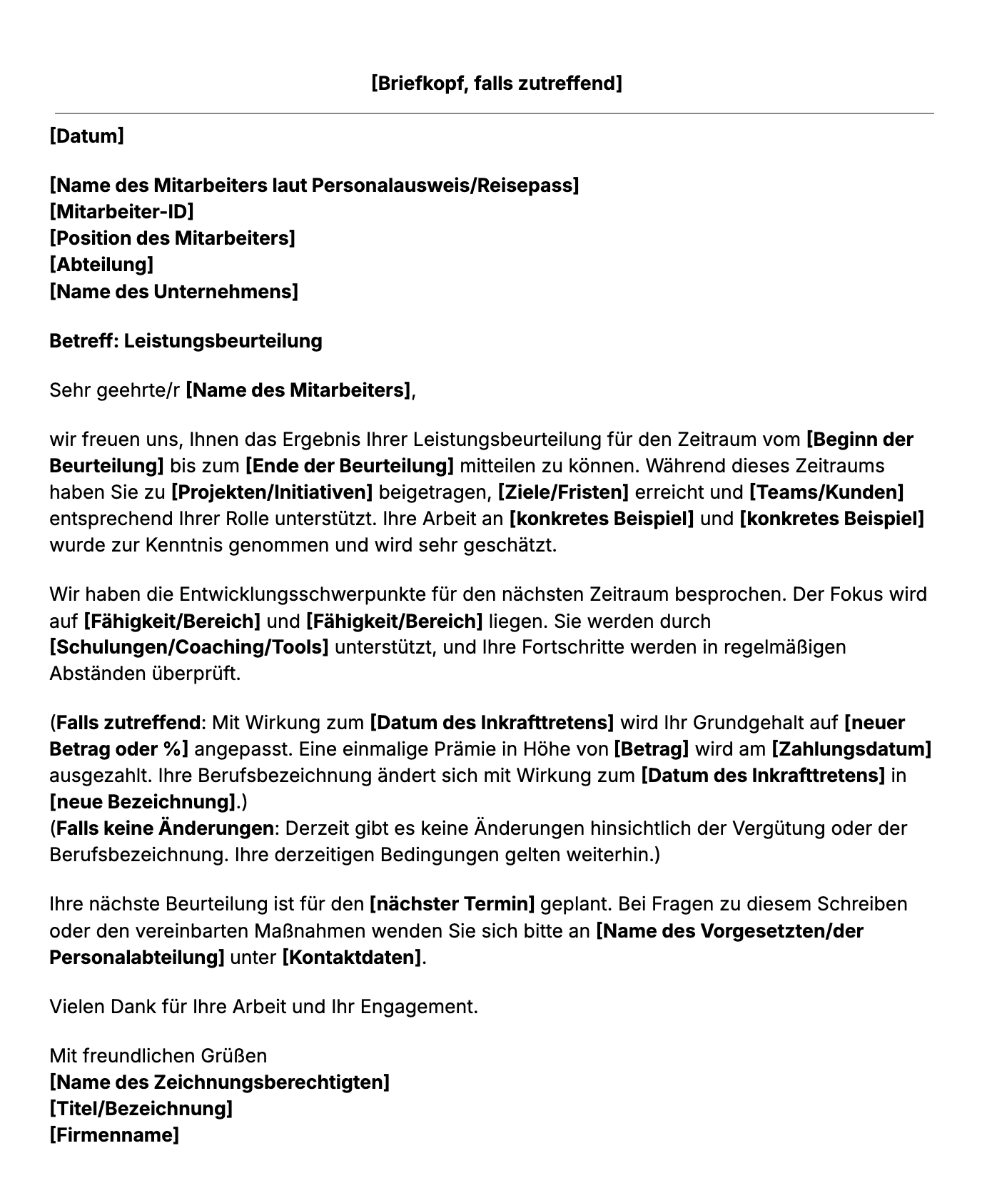 Vorlage für ein Beurteilungsschreiben