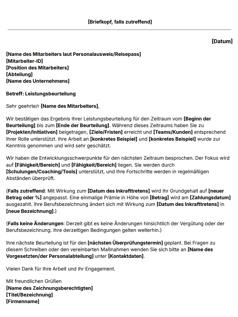 Vorlage für ein Beurteilungsschreiben